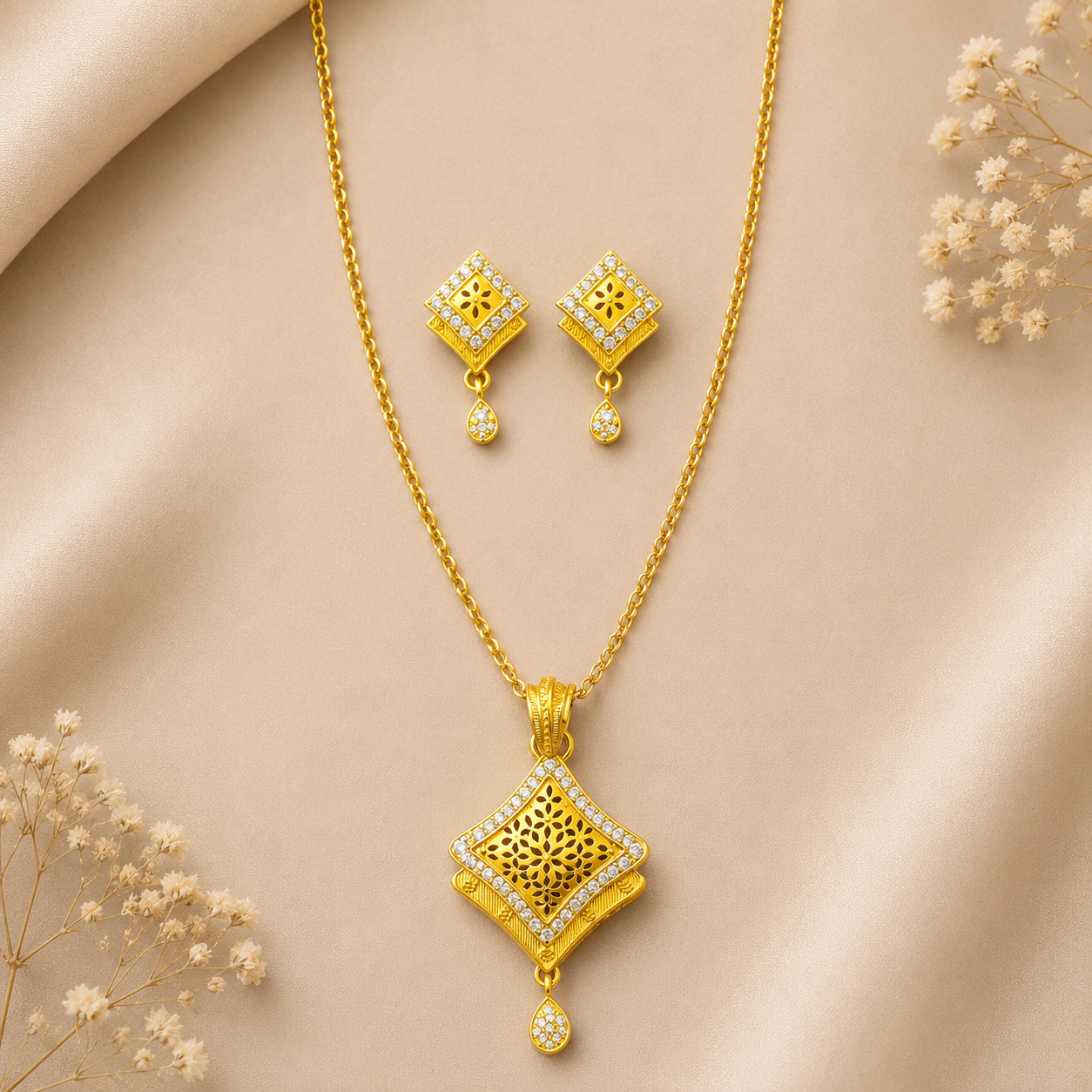Premium 24KT Gold Plated AD Geometric Crest Pendant Set