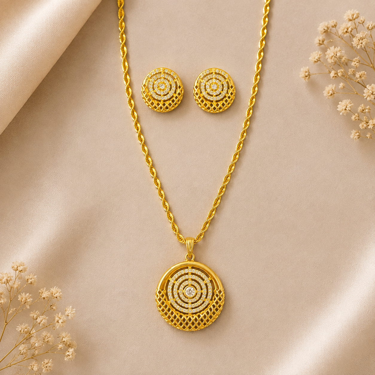 Premium 24KT Gold Plated AD Halo Pendant Set