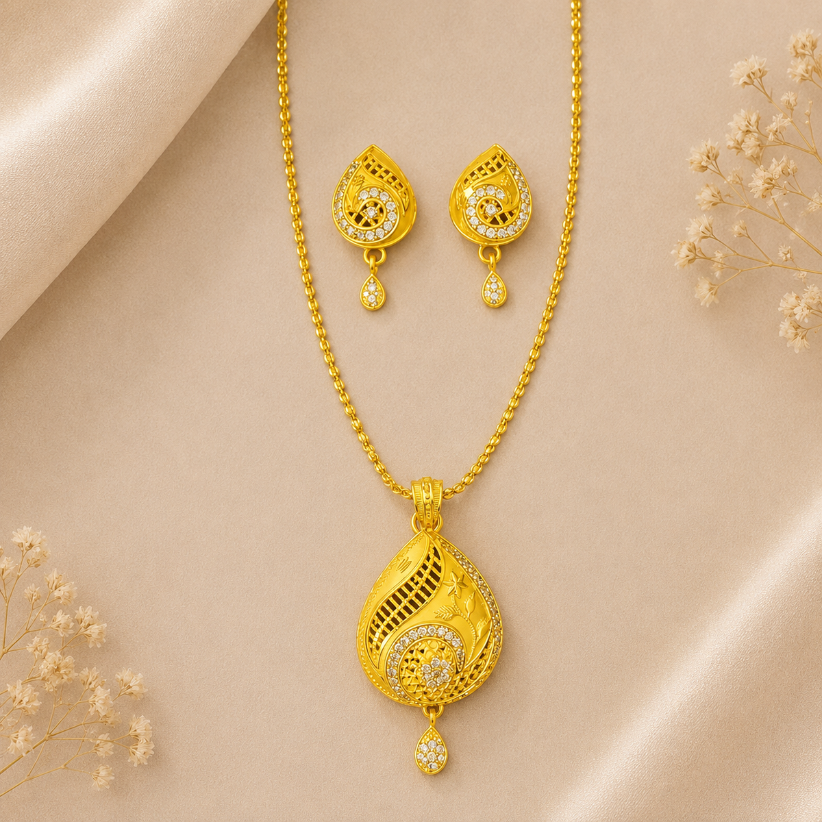 Premium 24KT Gold Plated AD Paisley Drop Pendant Set