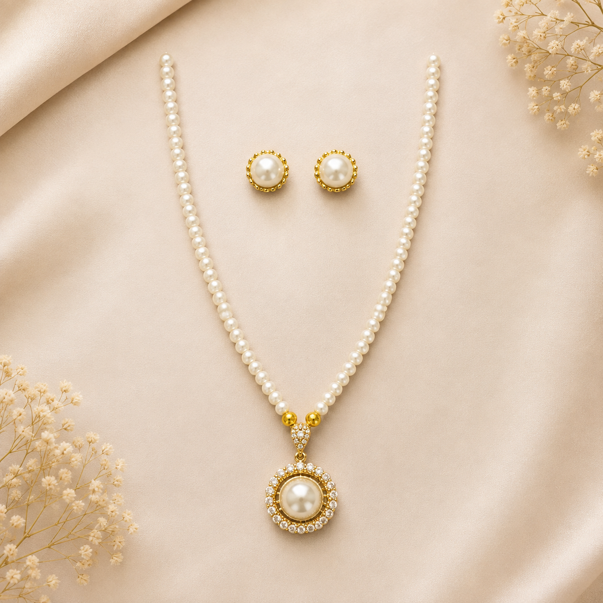 Premium 24KT Gold Plated Pearl Halo Pendant Set