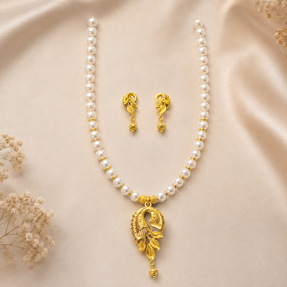 Premium 24KT Gold Plated Pearl Leaf Pendant Set