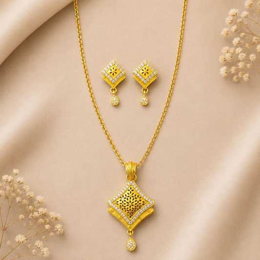 Premium 24KT Gold Plated AD Geometric Crest Pendant Set