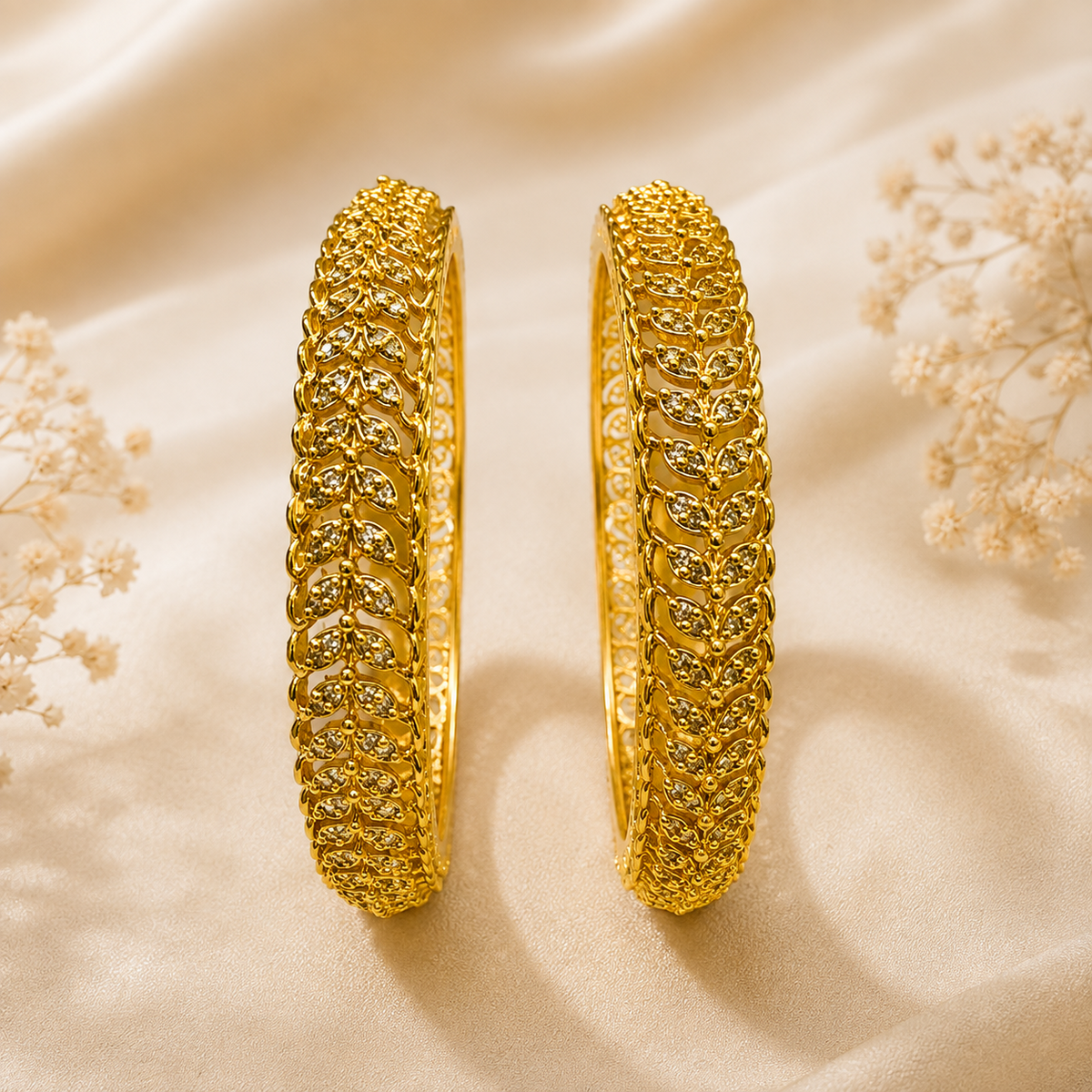 Premium 24KT Gold Plated AD Leaf Motif Bangles
