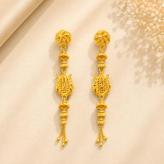 Premium 24KT Gold Plated Long Tulip Jhumka Earrings
